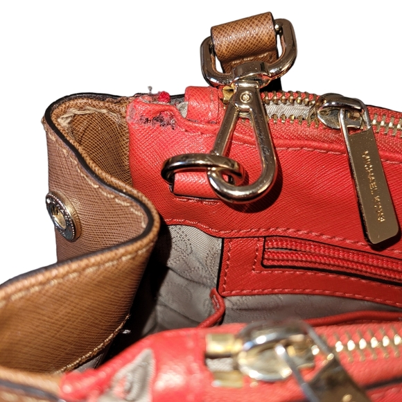 SOLD Authentic Michael Kors Sutton Large Red White Tan Leather Satchel - Picture 7 of 8